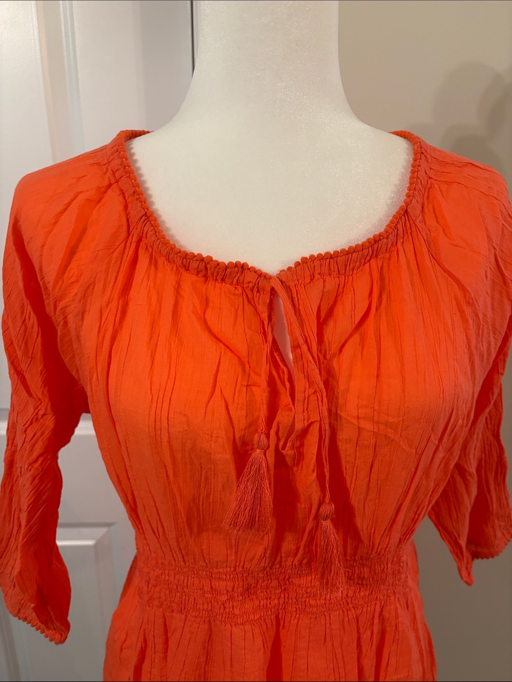 Athleta Med Bright Orange Gauzy Smocked-Waist Mini Sundress Scoop Neck BOHO - Picture 3 of 9